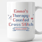 "[Name]'s Therapy: Counted Cross Stitch - Since [Year]" Personalized Faux Cross Stitch Mug | Custom Name