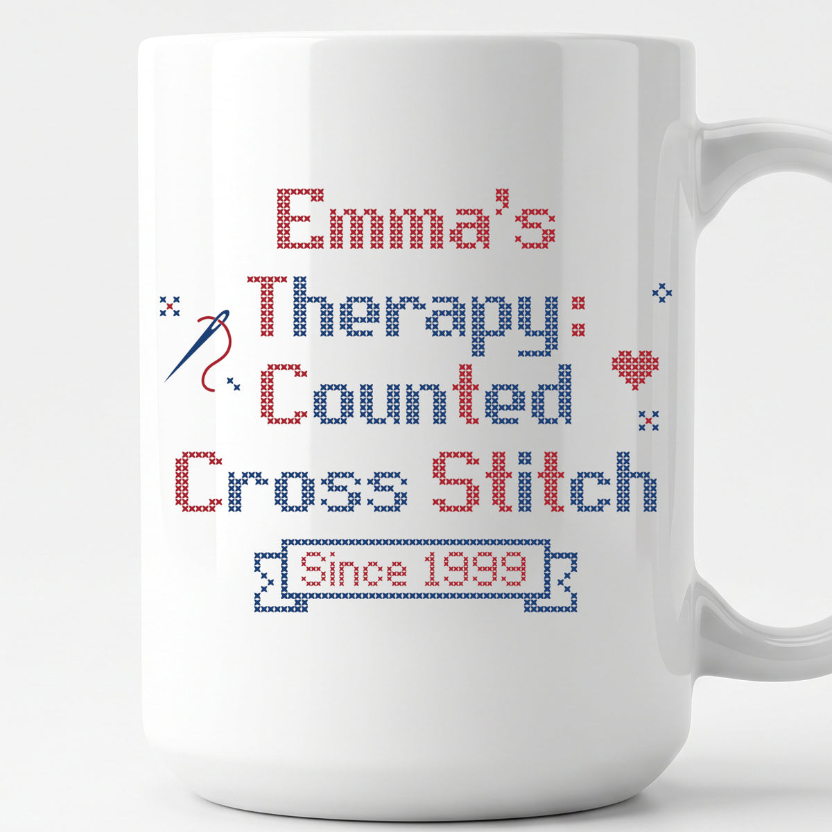 "[Name]'s Therapy: Counted Cross Stitch - Since [Year]" Personalized Faux Cross Stitch Mug | Custom Name