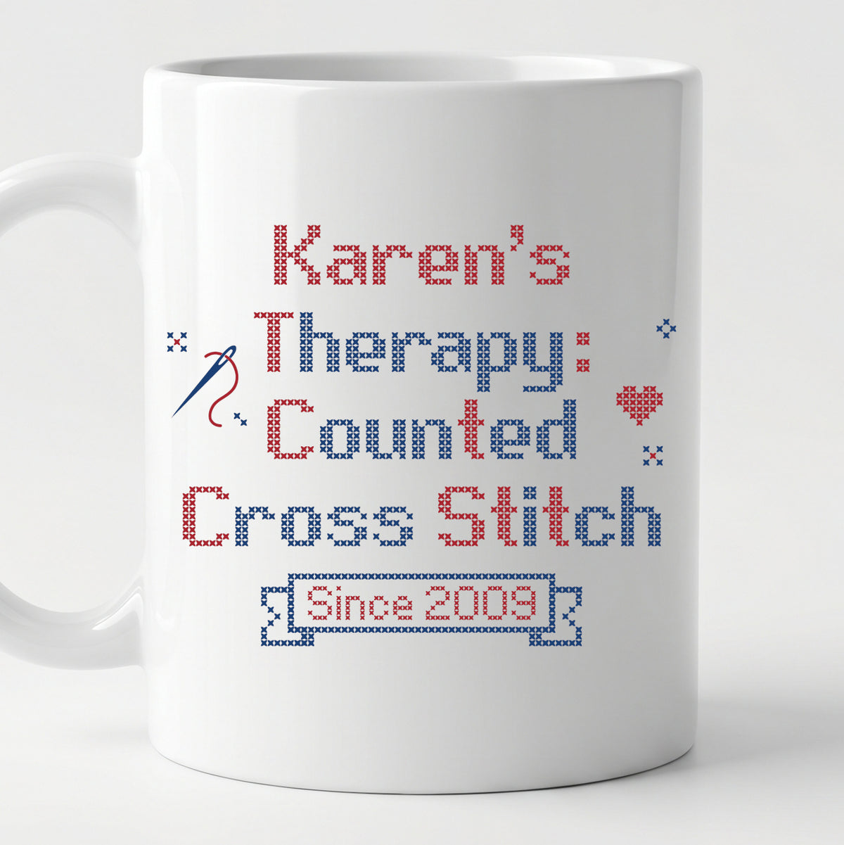"[Name]'s Therapy: Counted Cross Stitch - Since [Year]" Personalized Faux Cross Stitch Mug | Custom Name