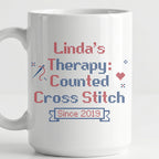 "[Name]'s Therapy: Counted Cross Stitch - Since [Year]" Personalized Faux Cross Stitch Mug | Custom Name