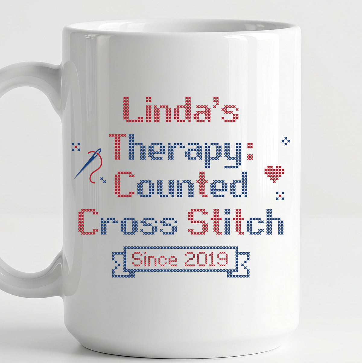 "[Name]'s Therapy: Counted Cross Stitch - Since [Year]" Personalized Faux Cross Stitch Mug | Custom Name