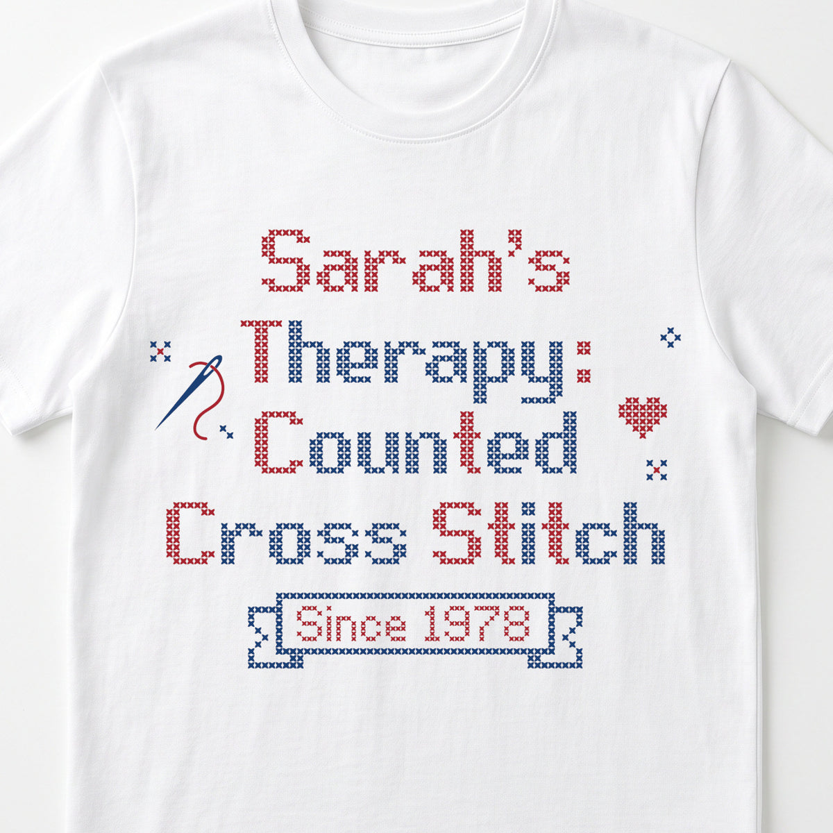 "[Name]'s Therapy: Counted Cross Stitch - Since [Year]" Personalized Faux Cross Stitch T-Shirt | Custom Name