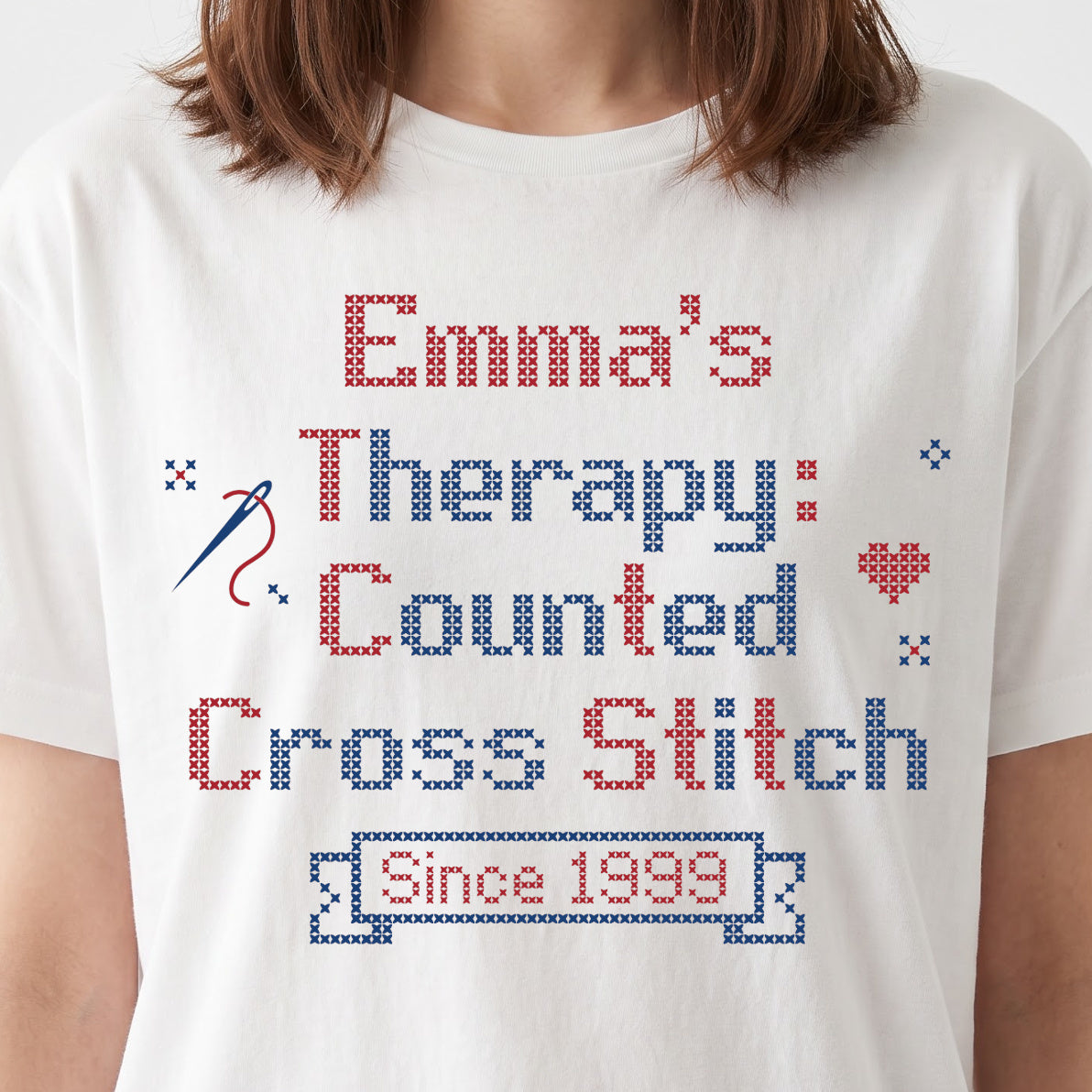 "[Name]'s Therapy: Counted Cross Stitch - Since [Year]" Personalized Faux Cross Stitch T-Shirt | Custom Name
