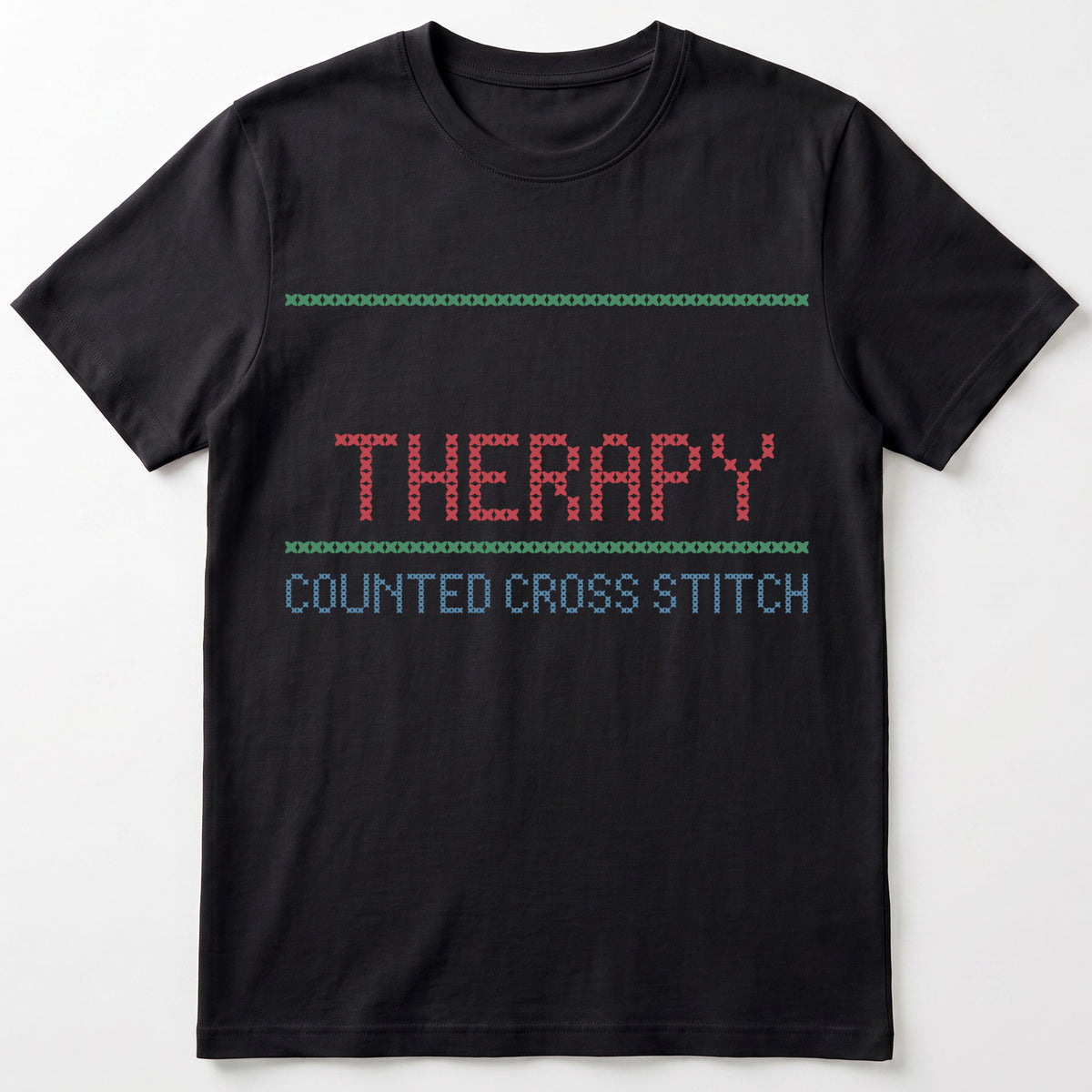 "[Name]'s Therapy: Counted Cross Stitch" Custom Faux Cross Stitch Tee | Personalized Name
