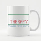 "[Name]'s Therapy: Counted Cross Stitch" Custom Faux Cross Stitch Coffee Cup | Personalized Name