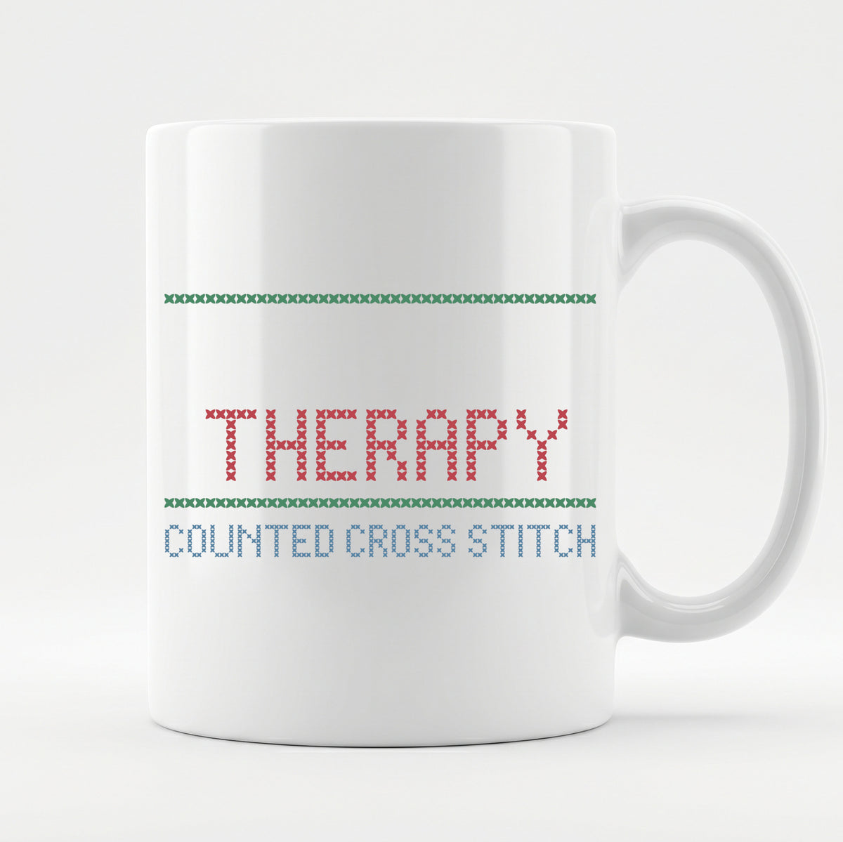 "[Name]'s Therapy: Counted Cross Stitch" Custom Faux Cross Stitch Coffee Cup | Personalized Name