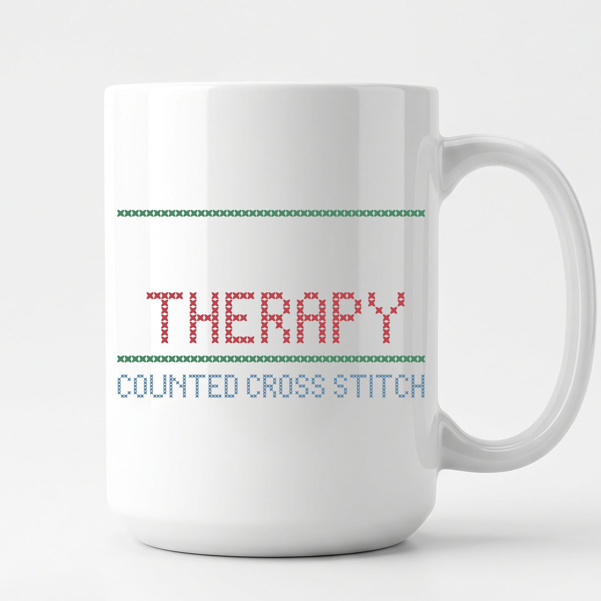 "[Name]'s Therapy: Counted Cross Stitch" Custom Faux Cross Stitch Coffee Cup | Personalized Name
