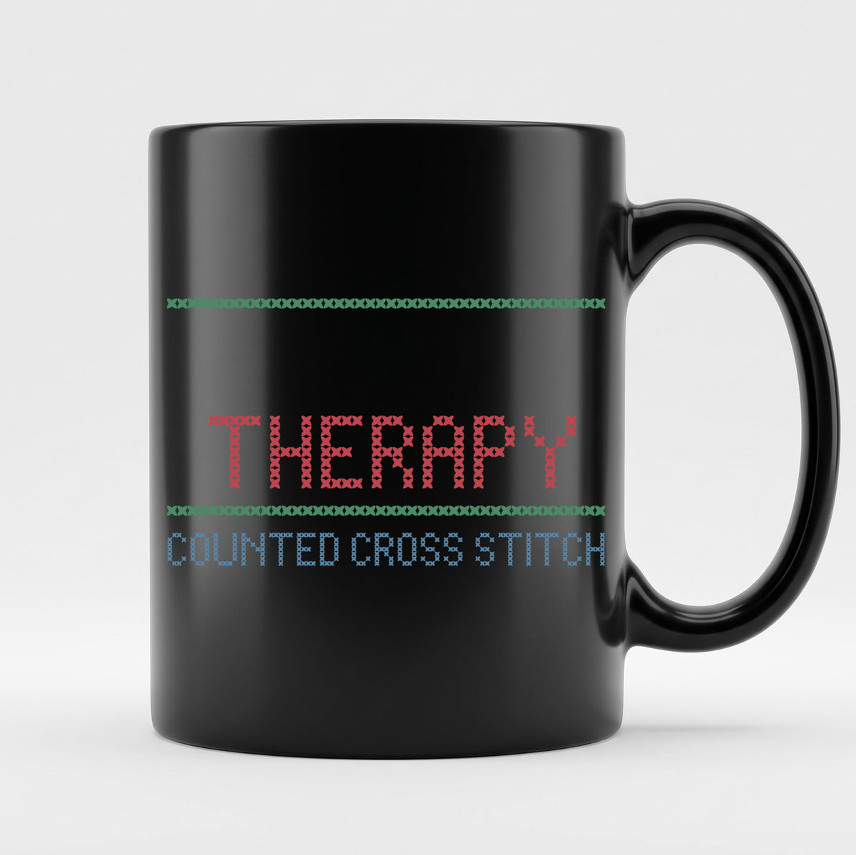 "[Name]'s Therapy: Counted Cross Stitch" Custom Faux Cross Stitch Coffee Cup | Personalized Name