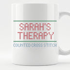 "[Name]'s Therapy: Counted Cross Stitch" Custom Faux Cross Stitch Coffee Cup | Personalized Name