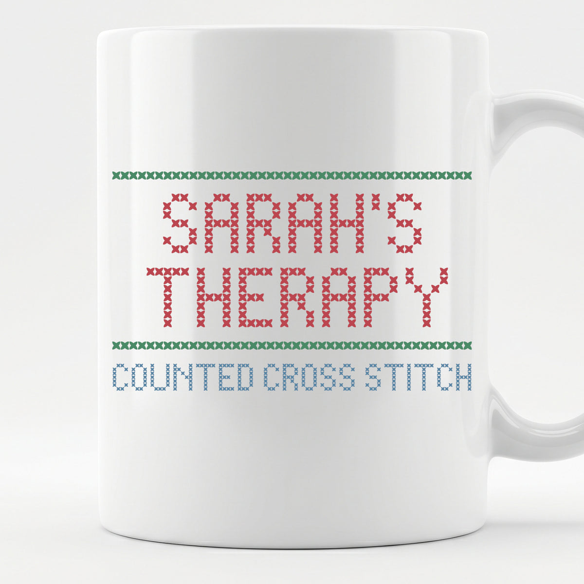 "[Name]'s Therapy: Counted Cross Stitch" Custom Faux Cross Stitch Coffee Cup | Personalized Name