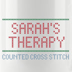 "[Name]'s Therapy: Counted Cross Stitch" Custom Faux Cross Stitch Coffee Cup | Personalized Name