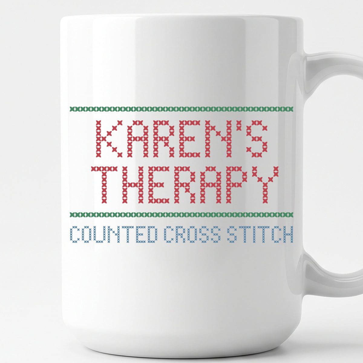 "[Name]'s Therapy: Counted Cross Stitch" Custom Faux Cross Stitch Coffee Cup | Personalized Name
