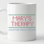 "[Name]'s Therapy: Counted Cross Stitch" Custom Faux Cross Stitch Coffee Cup | Personalized Name