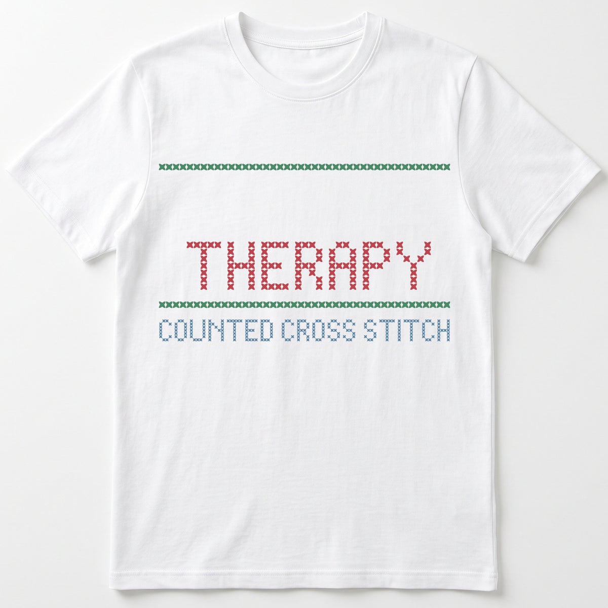 "[Name]'s Therapy: Counted Cross Stitch" Custom Faux Cross Stitch Tee | Personalized Name
