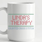 "[Name]'s Therapy: Counted Cross Stitch" Custom Faux Cross Stitch Coffee Cup | Personalized Name