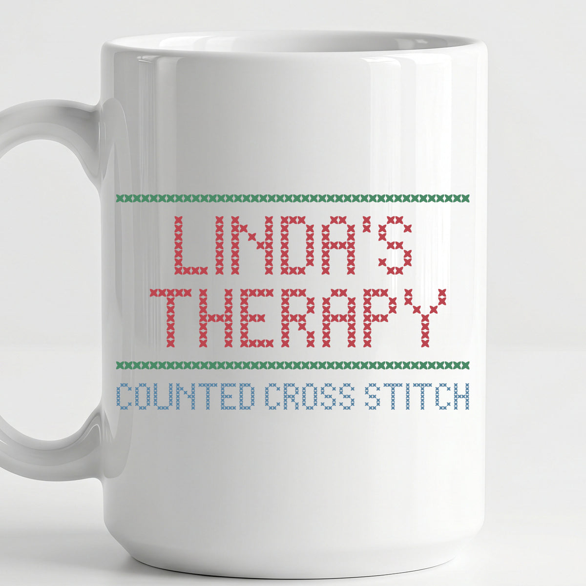 "[Name]'s Therapy: Counted Cross Stitch" Custom Faux Cross Stitch Coffee Cup | Personalized Name