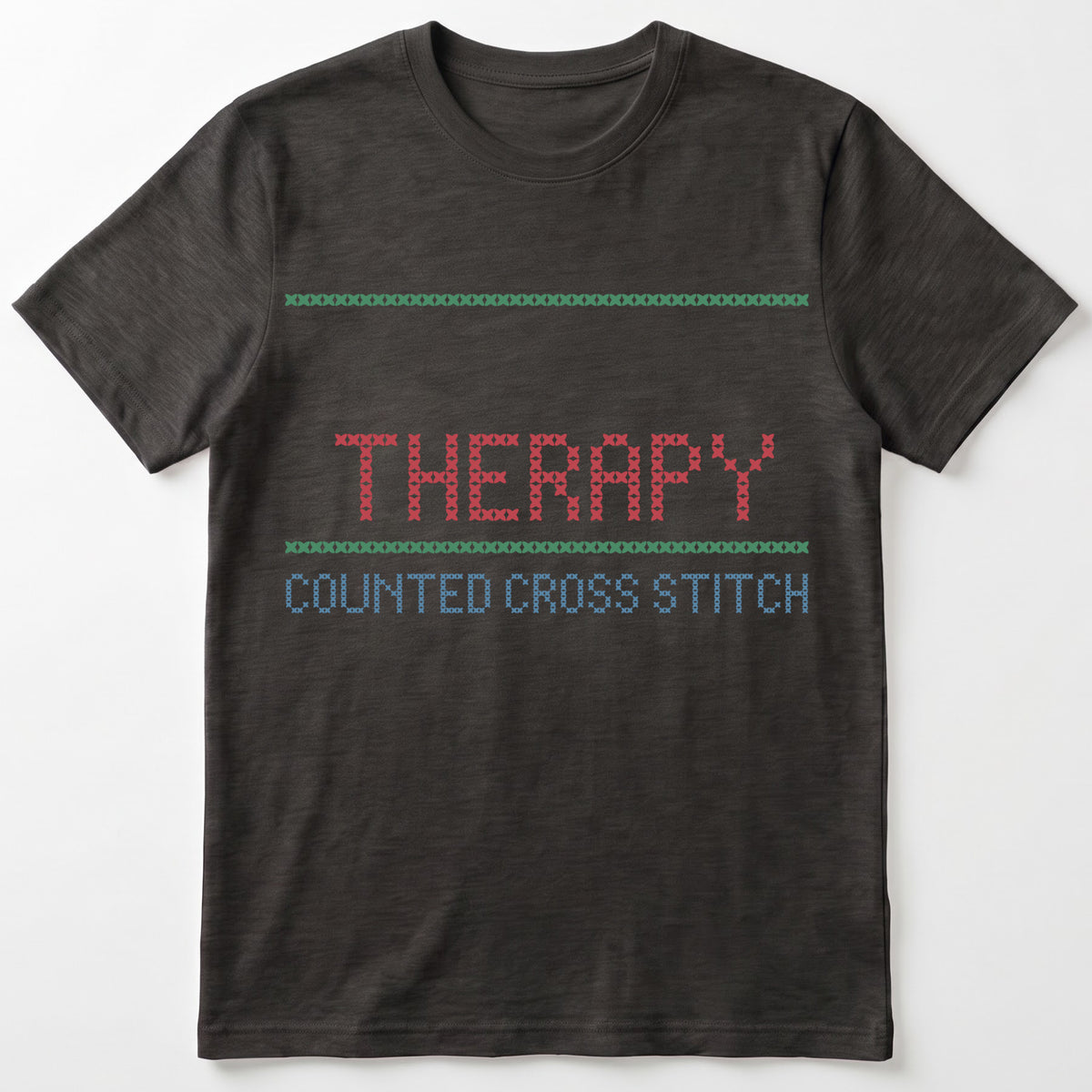 "[Name]'s Therapy: Counted Cross Stitch" Custom Faux Cross Stitch Tee | Personalized Name