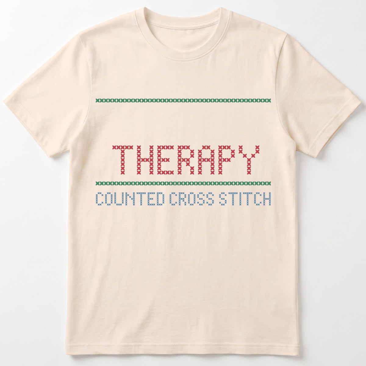 "[Name]'s Therapy: Counted Cross Stitch" Custom Faux Cross Stitch Tee | Personalized Name