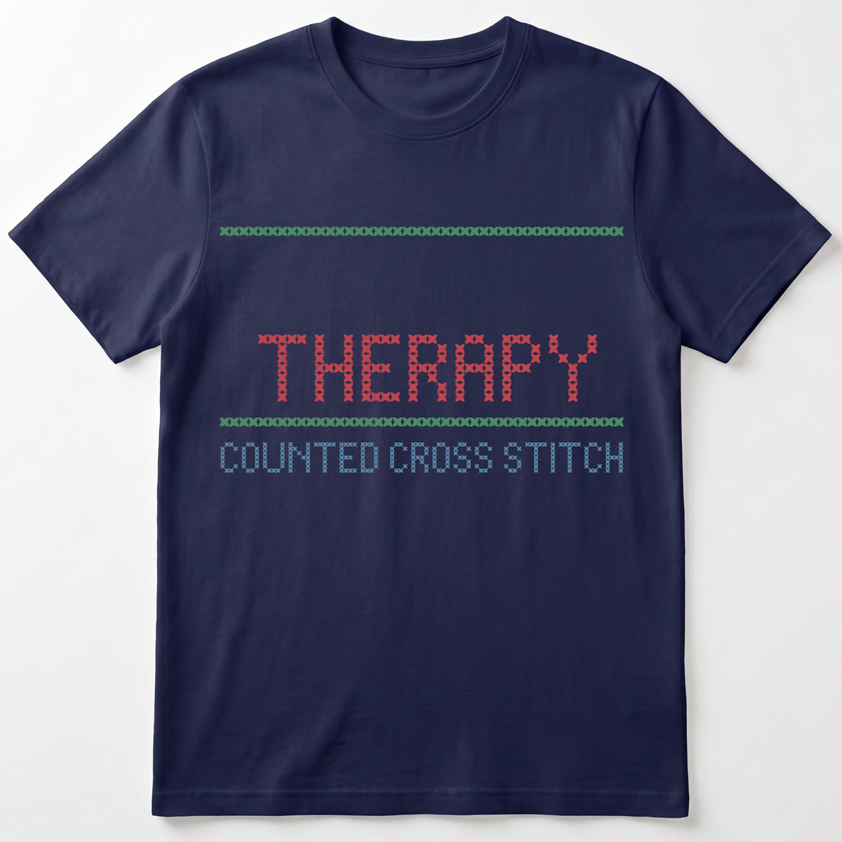 "[Name]'s Therapy: Counted Cross Stitch" Custom Faux Cross Stitch Tee | Personalized Name