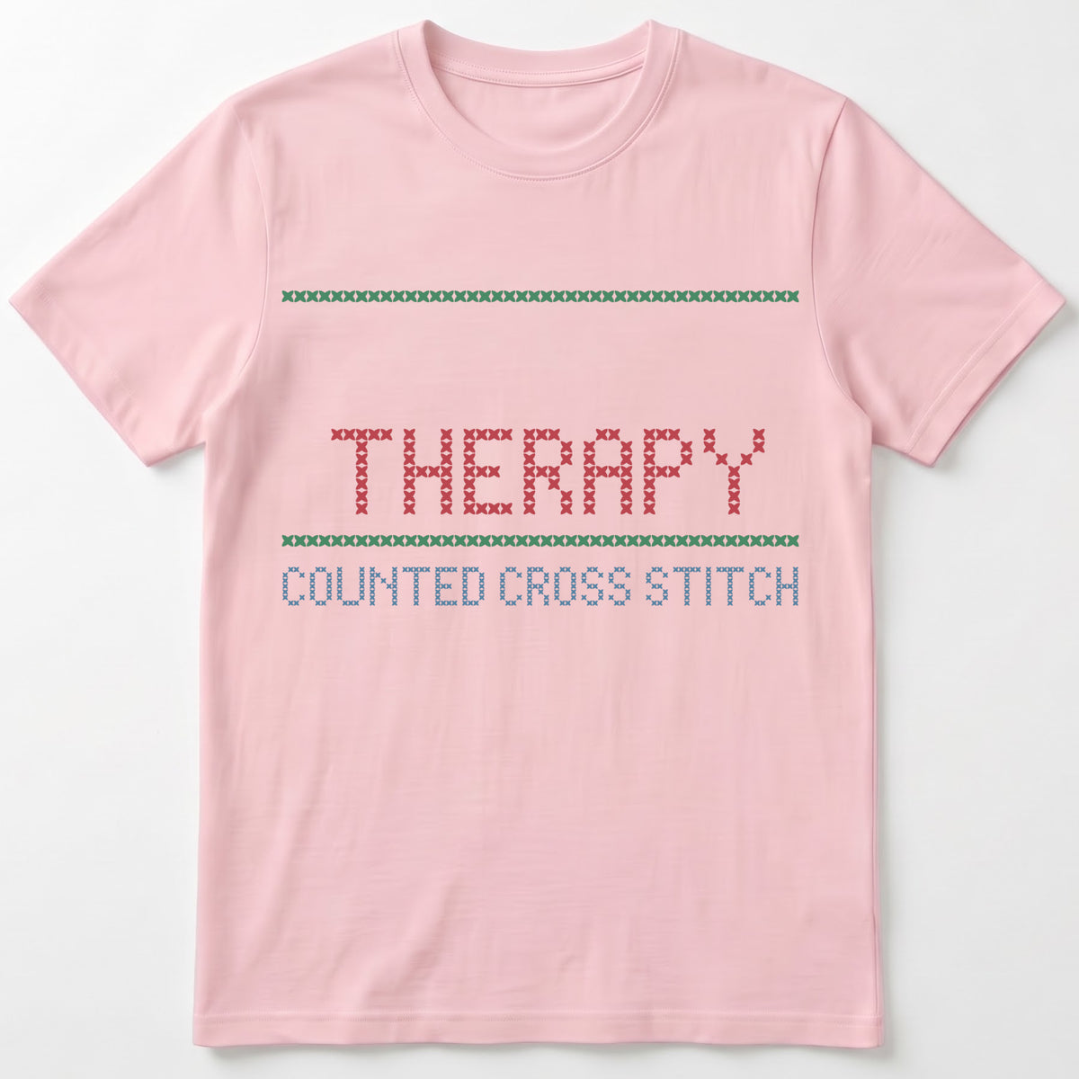 "[Name]'s Therapy: Counted Cross Stitch" Custom Faux Cross Stitch Tee | Personalized Name