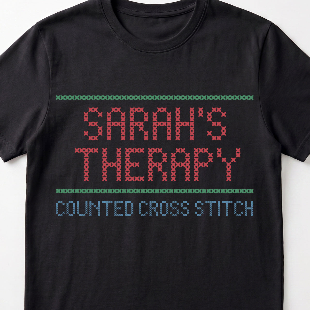 "[Name]'s Therapy: Counted Cross Stitch" Custom Faux Cross Stitch Tee | Personalized Name