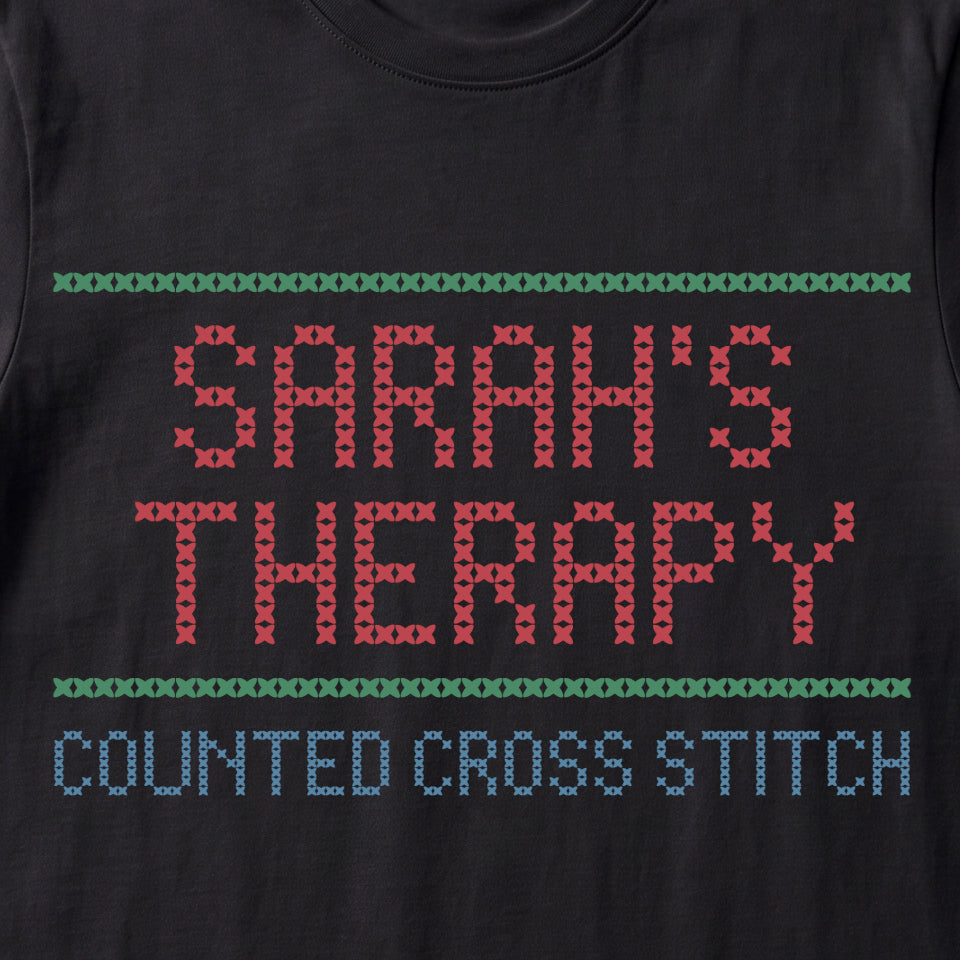 "[Name]'s Therapy: Counted Cross Stitch" Custom Faux Cross Stitch Tee | Personalized Name