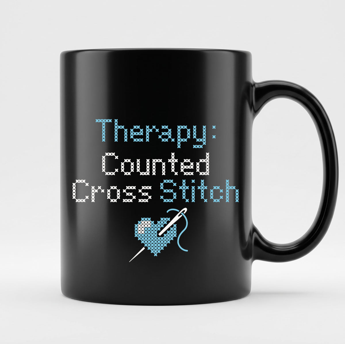 "[Name]'s Therapy: Counted Cross Stitch" Faux Cross Stitch Mug | Custom Name Coffee Cup