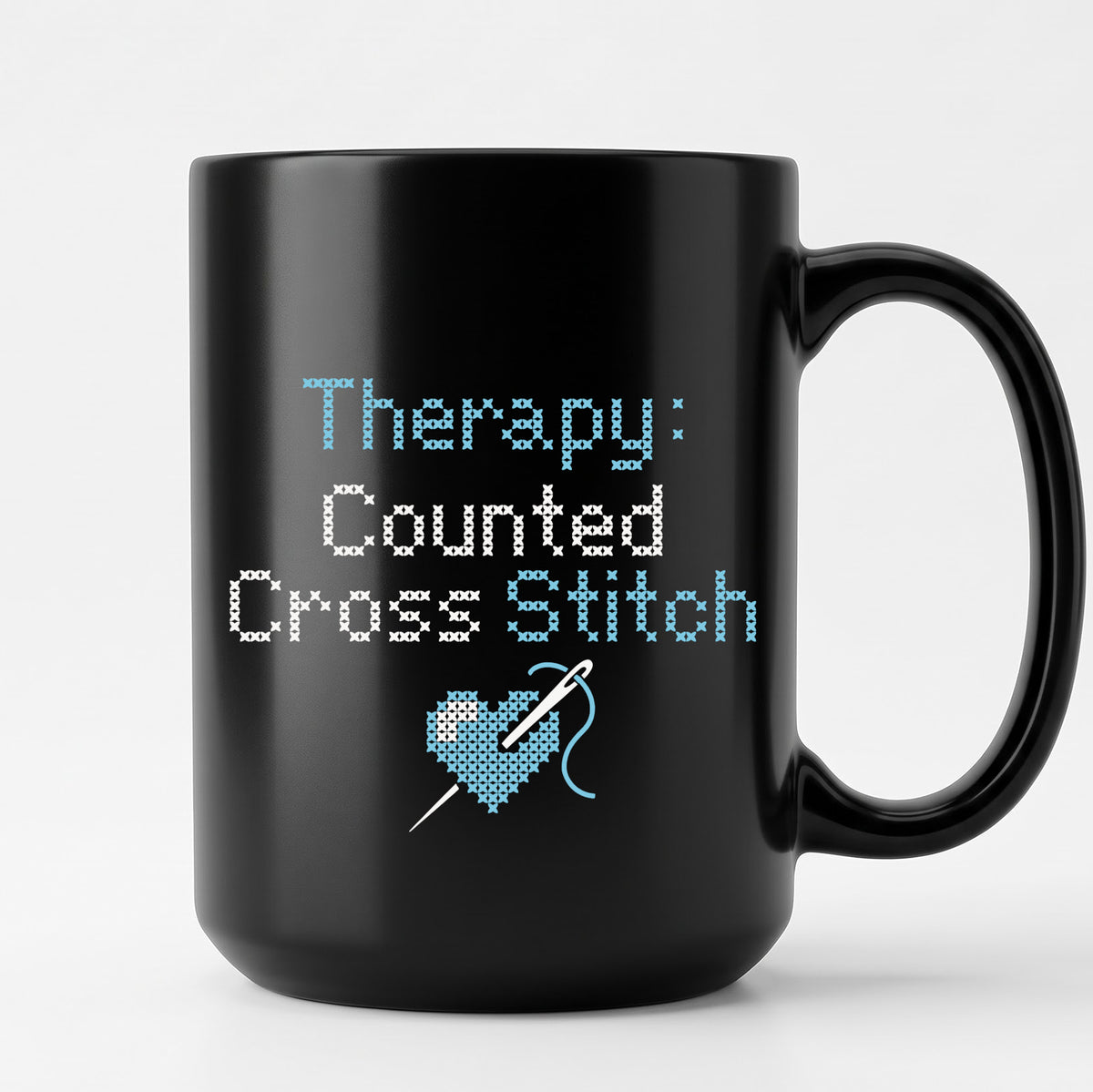 "[Name]'s Therapy: Counted Cross Stitch" Faux Cross Stitch Mug | Custom Name Coffee Cup