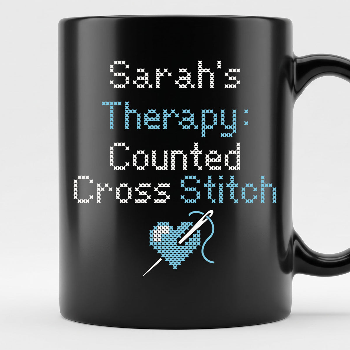 "[Name]'s Therapy: Counted Cross Stitch" Faux Cross Stitch Mug | Custom Name Coffee Cup