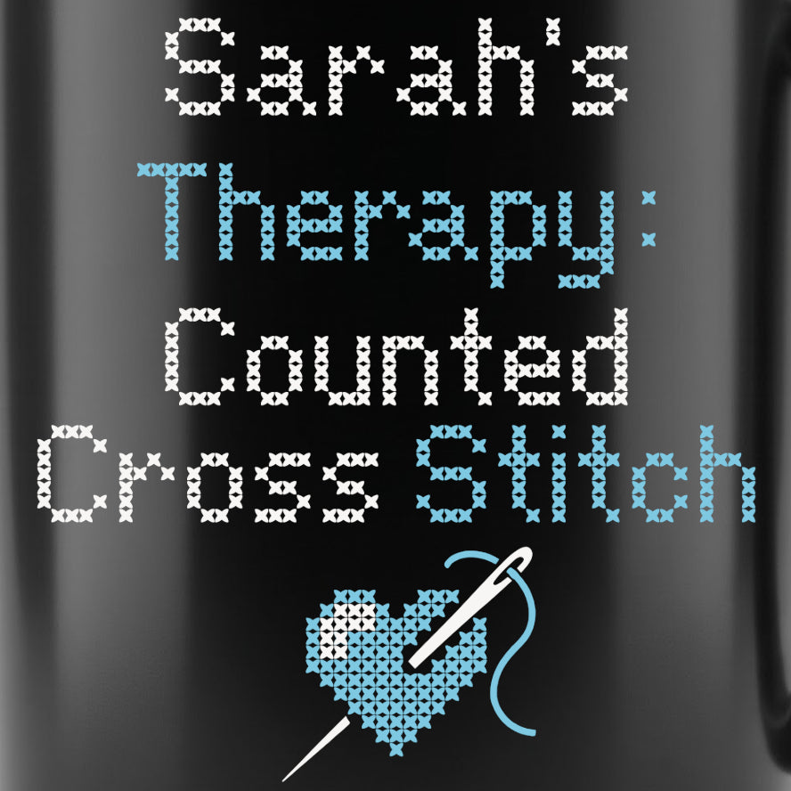 "[Name]'s Therapy: Counted Cross Stitch" Faux Cross Stitch Mug | Custom Name Coffee Cup