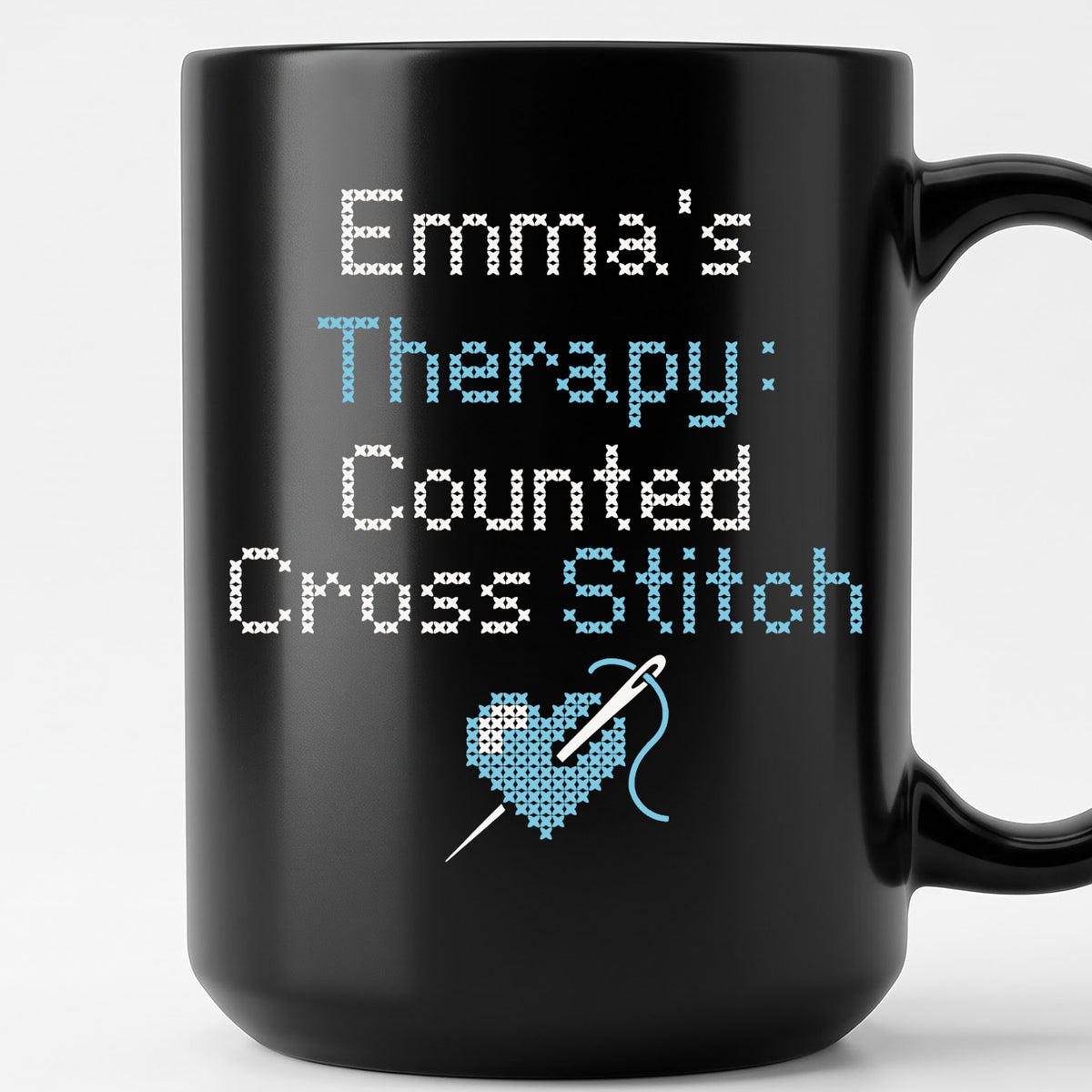 "[Name]'s Therapy: Counted Cross Stitch" Faux Cross Stitch Mug | Custom Name Coffee Cup