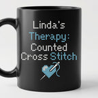 "[Name]'s Therapy: Counted Cross Stitch" Faux Cross Stitch Mug | Custom Name Coffee Cup