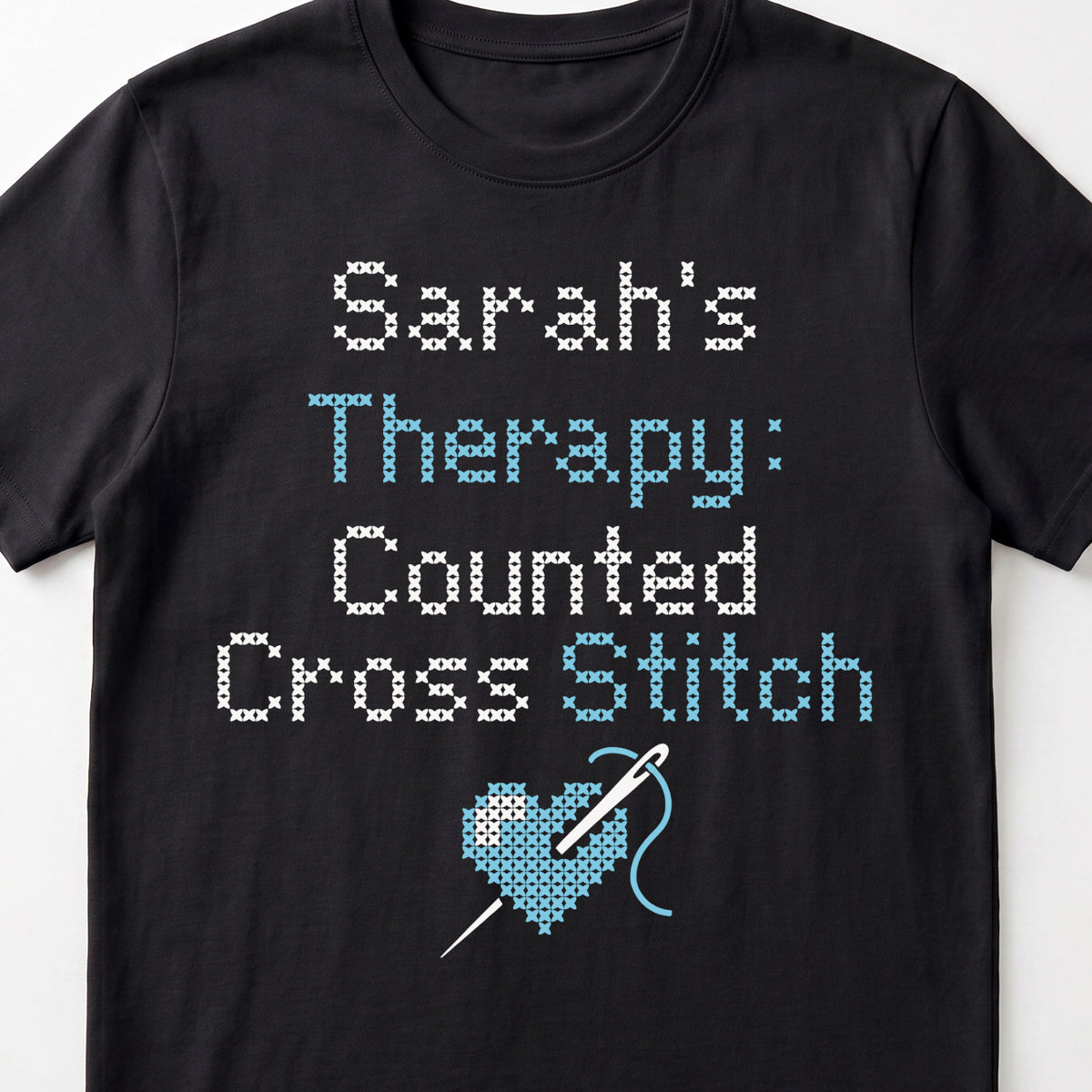 "[Name]'s Therapy: Counted Cross Stitch" Faux Cross Stitch Tee | Custom Name T-Shirt