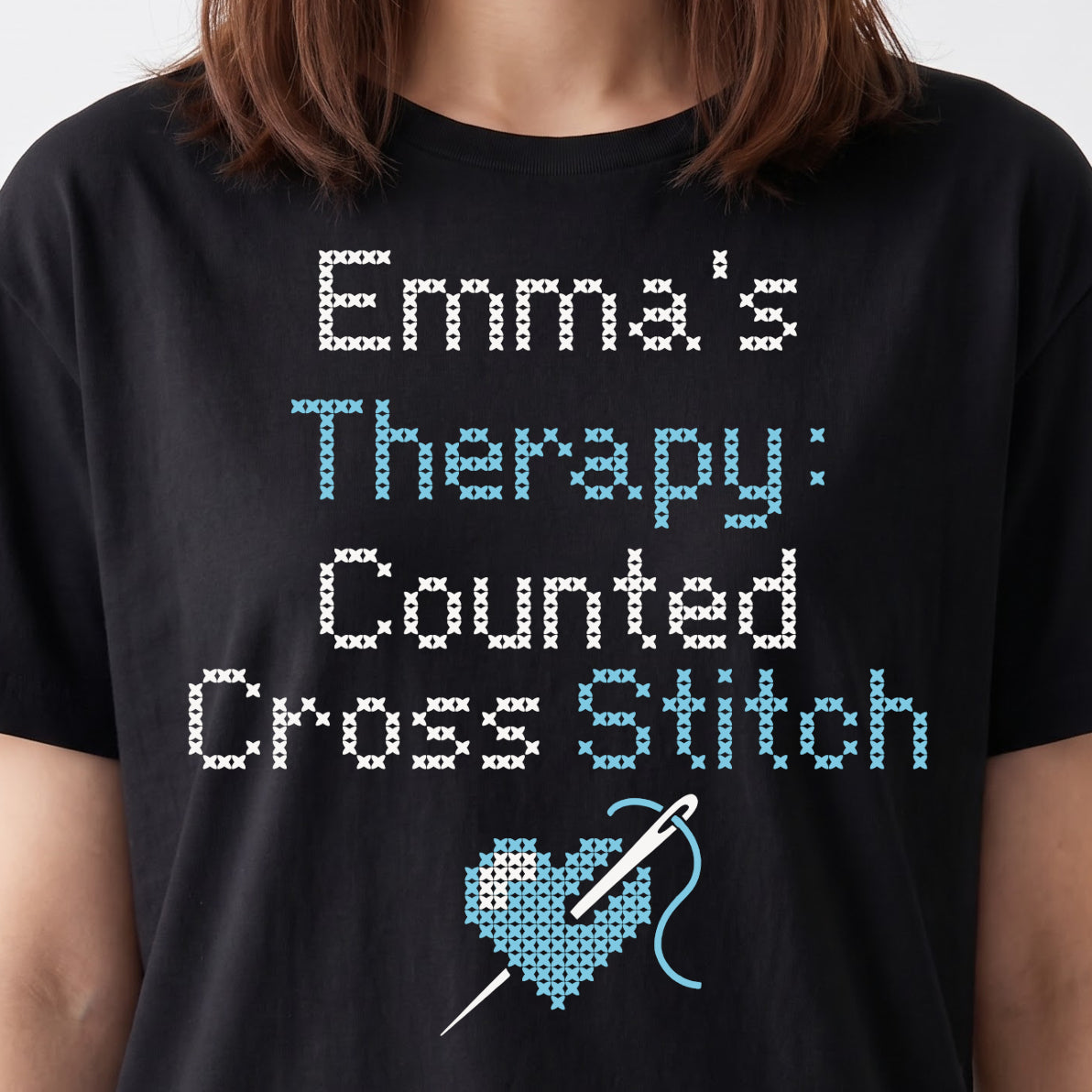 "[Name]'s Therapy: Counted Cross Stitch" Faux Cross Stitch Tee | Custom Name T-Shirt