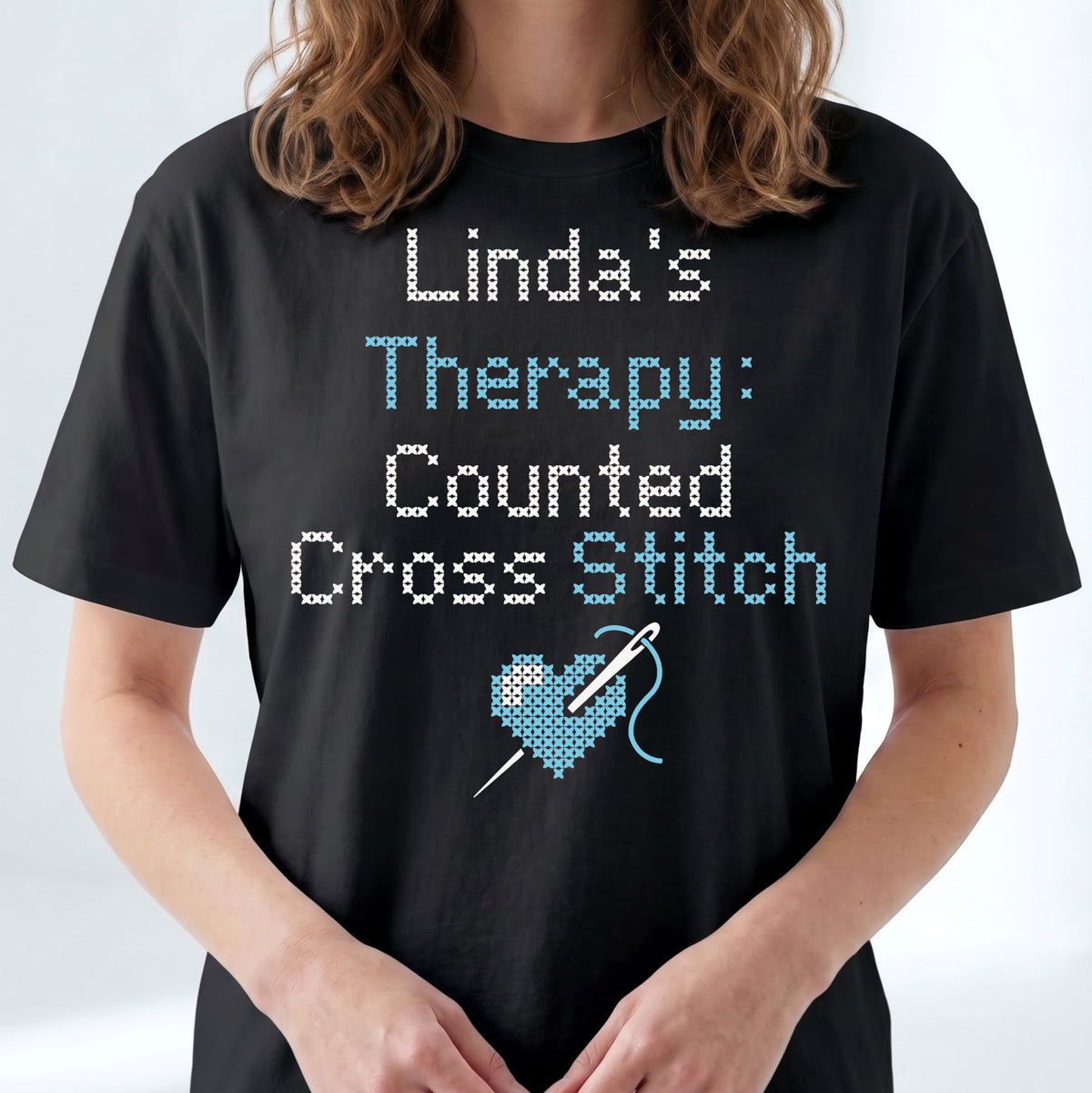 "[Name]'s Therapy: Counted Cross Stitch" Faux Cross Stitch Tee | Custom Name T-Shirt