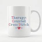 "[Name]'s Therapy: Counted Cross Stitch" Faux Cross Stitch Coffee Cup | Personalized Gift