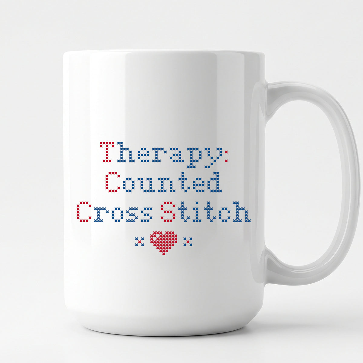 "[Name]'s Therapy: Counted Cross Stitch" Faux Cross Stitch Coffee Cup | Personalized Gift