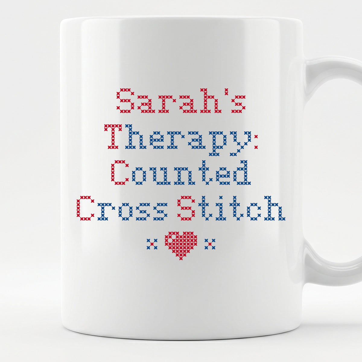 "[Name]'s Therapy: Counted Cross Stitch" Faux Cross Stitch Coffee Cup | Personalized Gift