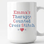 "[Name]'s Therapy: Counted Cross Stitch" Faux Cross Stitch Coffee Cup | Personalized Gift