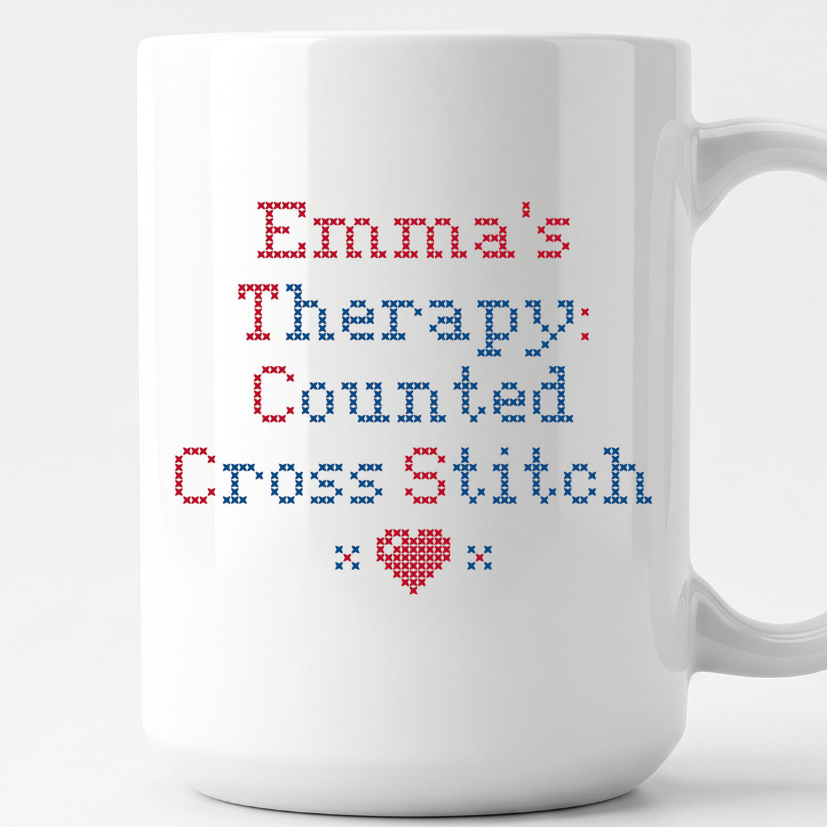 "[Name]'s Therapy: Counted Cross Stitch" Faux Cross Stitch Coffee Cup | Personalized Gift
