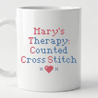 "[Name]'s Therapy: Counted Cross Stitch" Faux Cross Stitch Coffee Cup | Personalized Gift