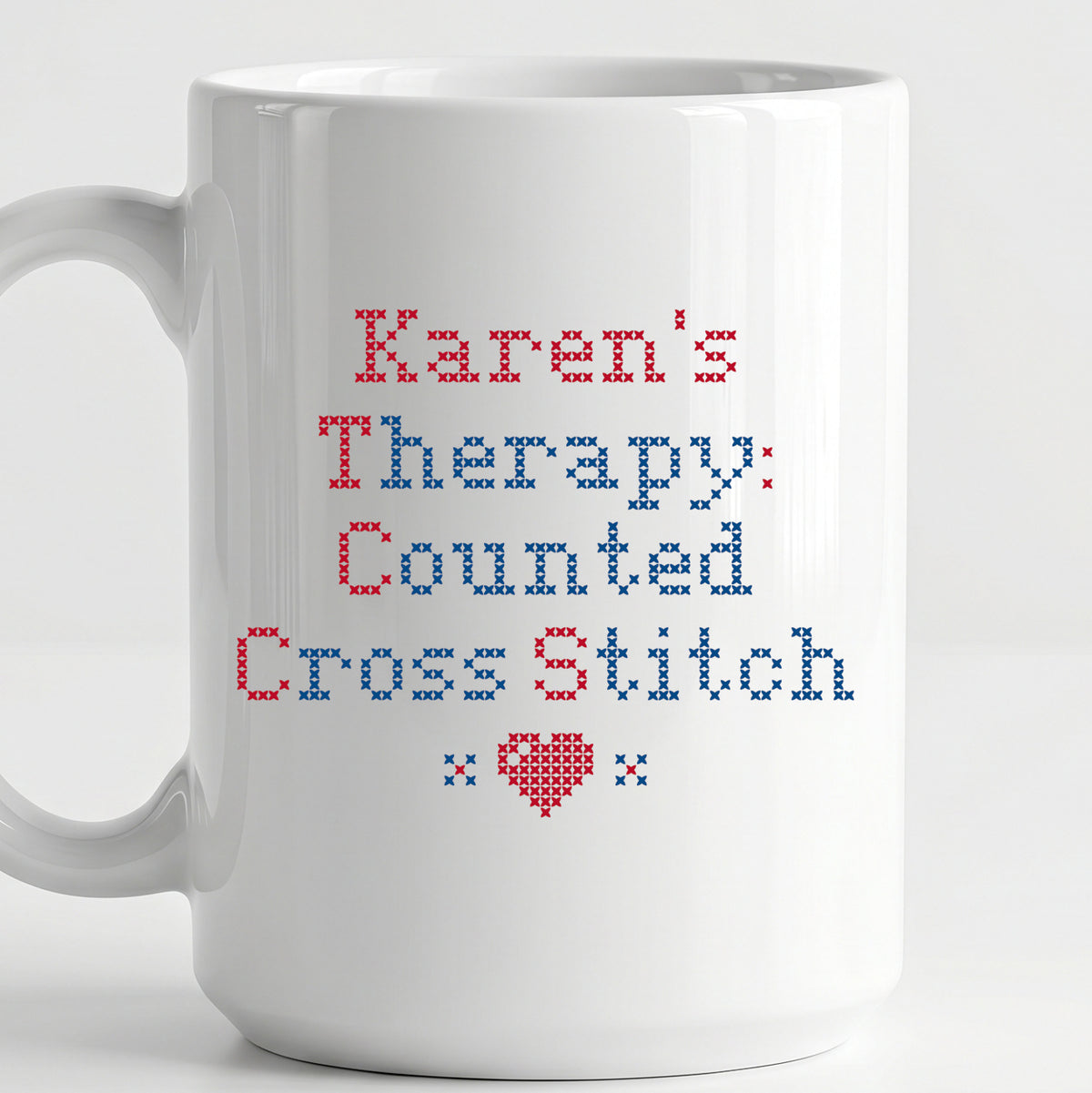"[Name]'s Therapy: Counted Cross Stitch" Faux Cross Stitch Coffee Cup | Personalized Gift