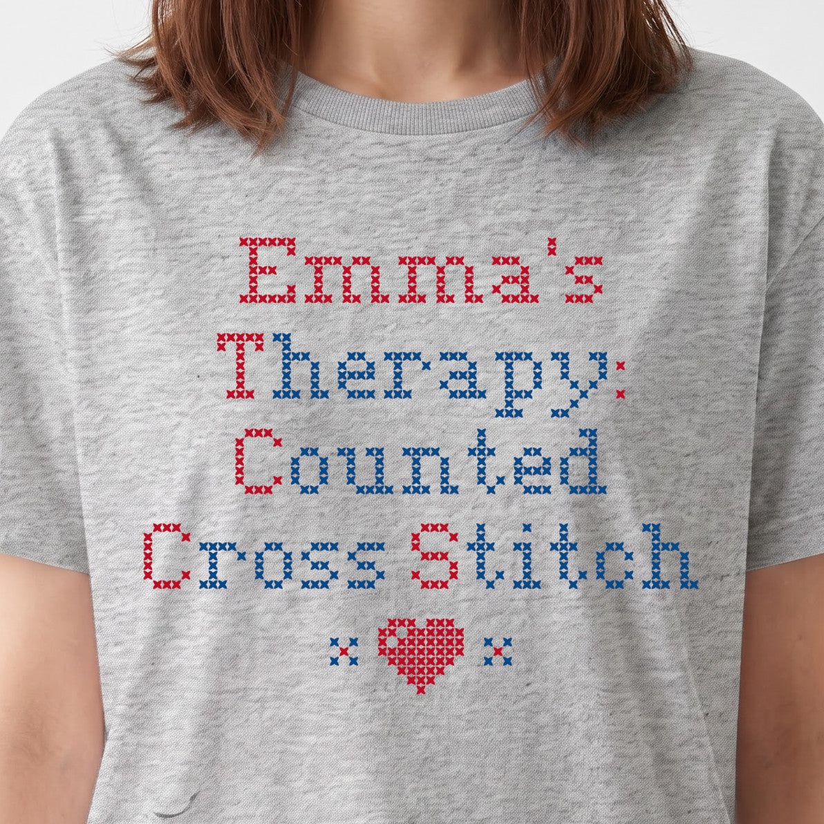 "[Name]'s Therapy: Counted Cross Stitch" Faux Cross Stitch T-Shirt | Personalized Gift