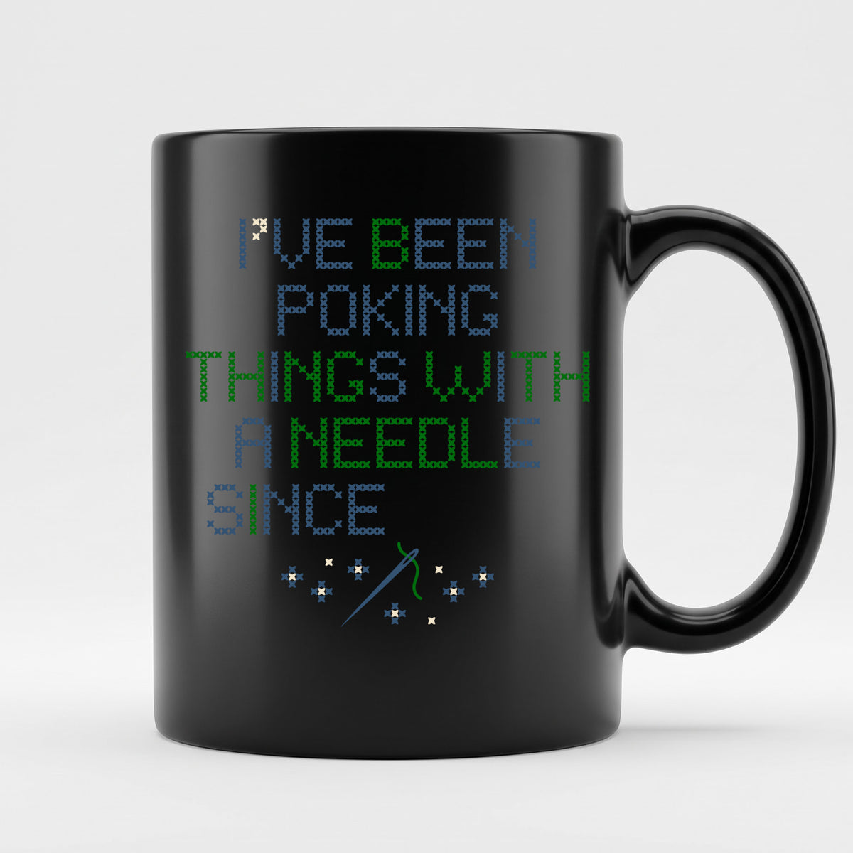 "I've been poking things with a needle since [Year]" Custom Faux Cross Stitch Mug | Personalized Year