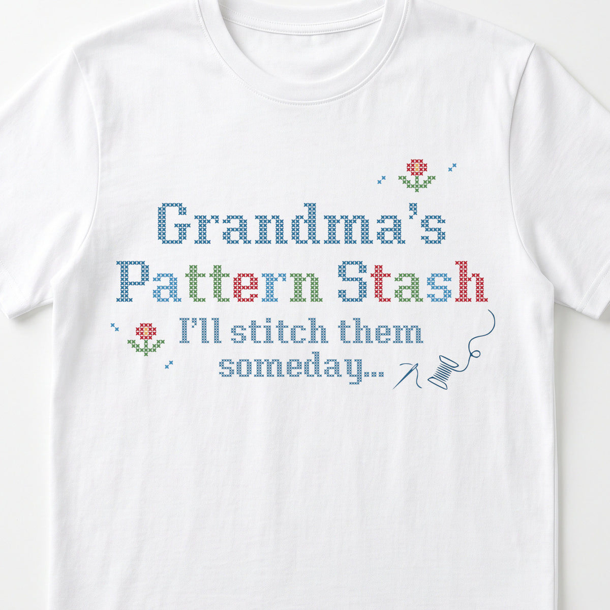 "[Name] Pattern Stash - I'll stitch them someday" Custom Faux Cross Stitch Tee | Personalized Name