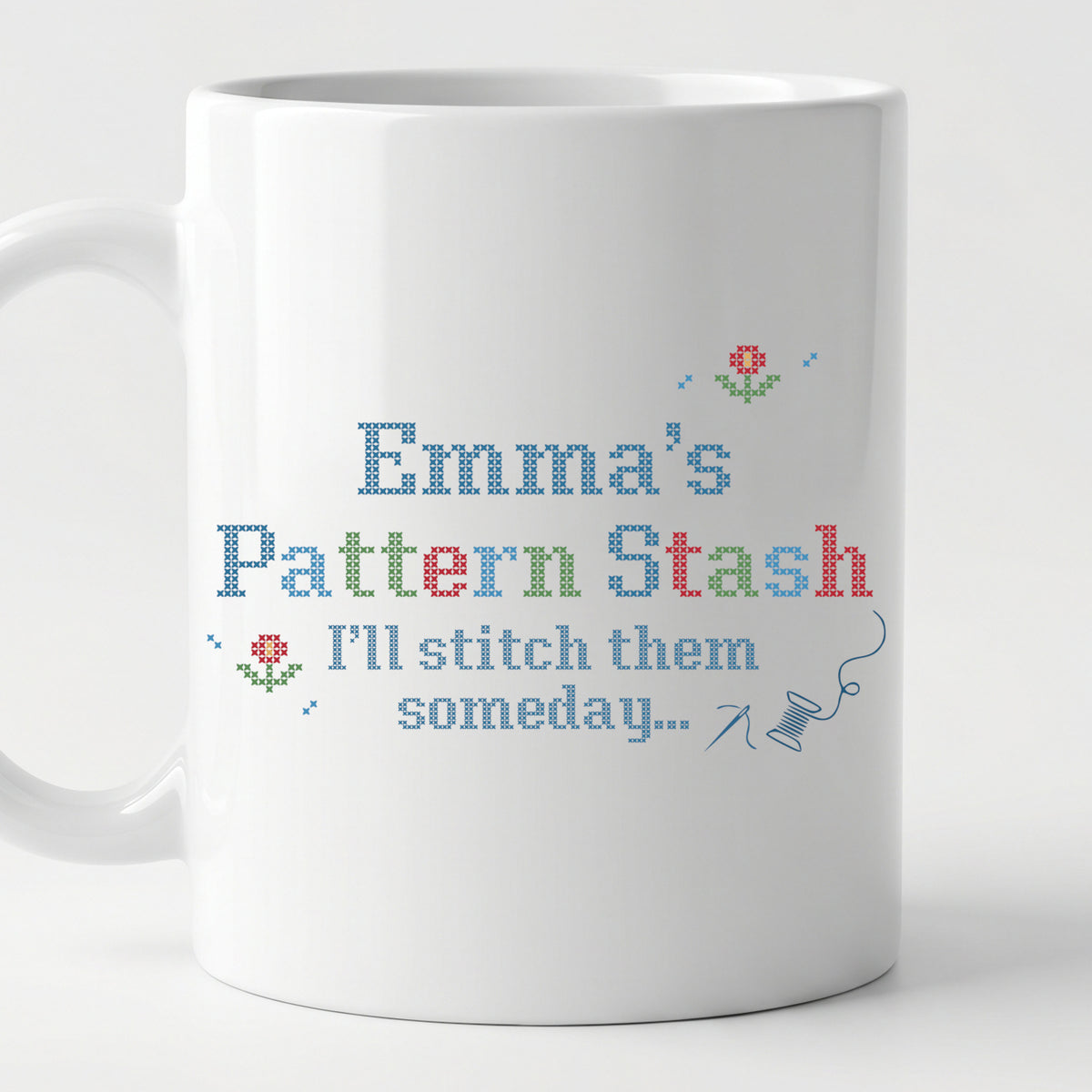 "[Name] Pattern Stash - I'll stitch them someday" Custom Faux Cross Stitch Mug | Personalized Name