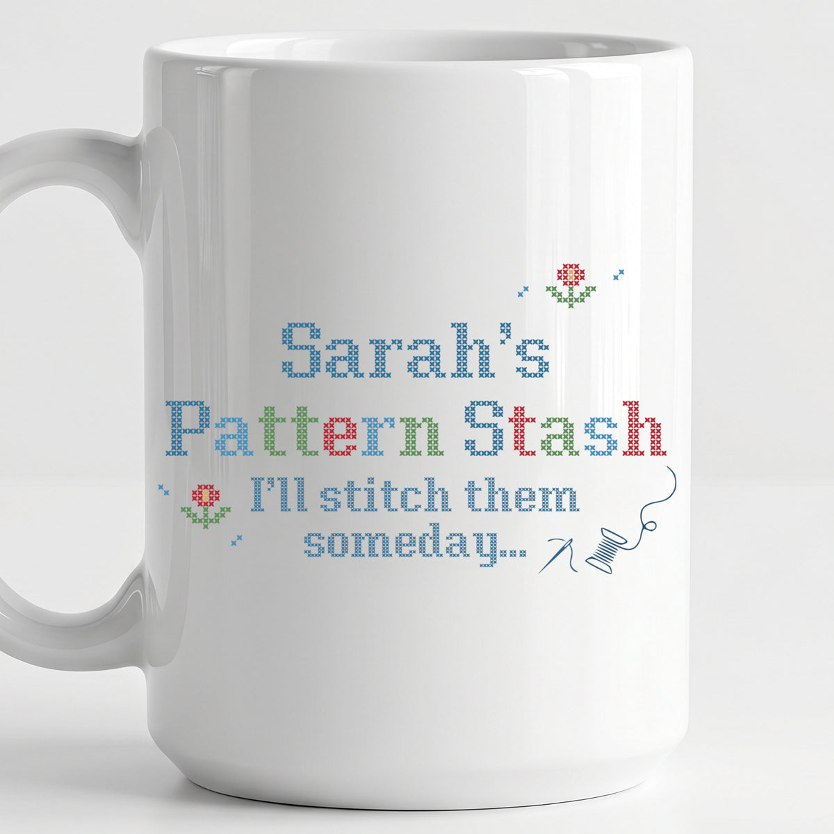 "[Name] Pattern Stash - I'll stitch them someday" Custom Faux Cross Stitch Mug | Personalized Name