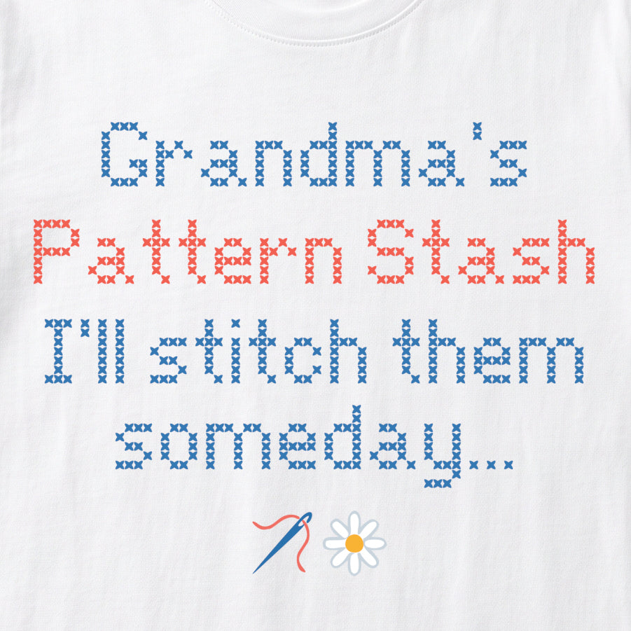"[Name] Pattern Stash - I'll stitch them someday" Personalized Faux Cross Stitch T-Shirt | Custom Name