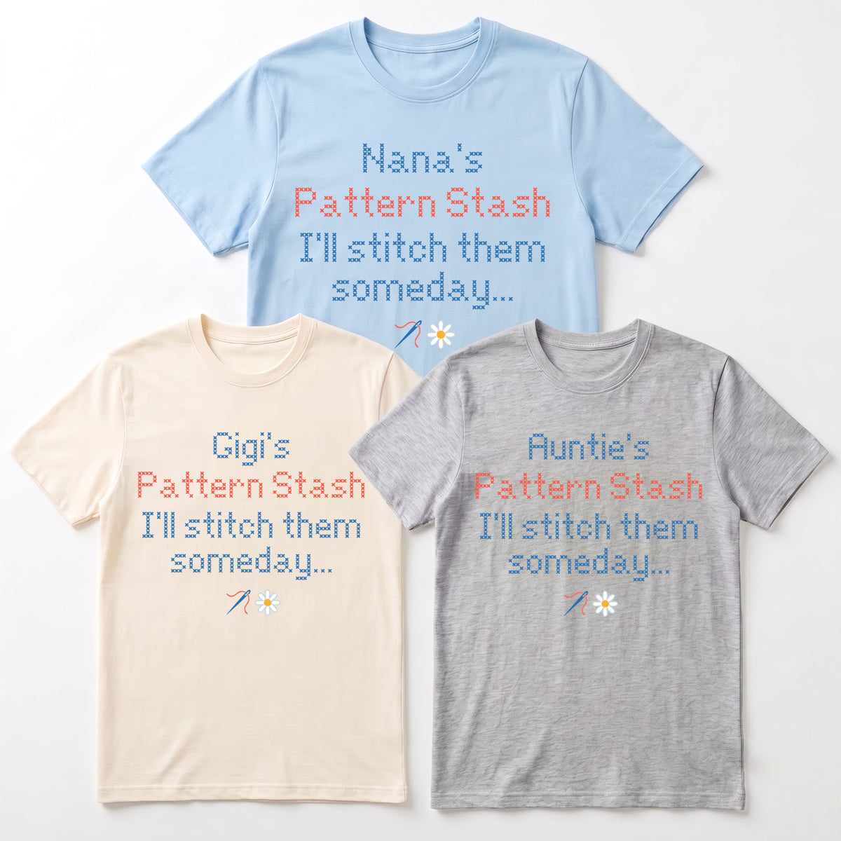 "[Name] Pattern Stash - I'll stitch them someday" Personalized Faux Cross Stitch T-Shirt | Custom Name