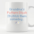 "[Name] Pattern Stash - I'll stitch them someday" Personalized Faux Cross Stitch Coffee Cup | Custom Name